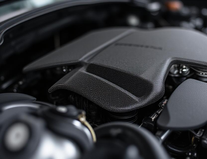 Dettaglio ravvicinato di un motore elaborato con finiture in carbonio